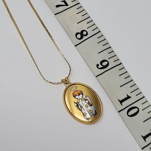 Vintage Signed First Christmas Angel Pendant Berta Hummel Gold Tone Necklace - Picture 5 of 10